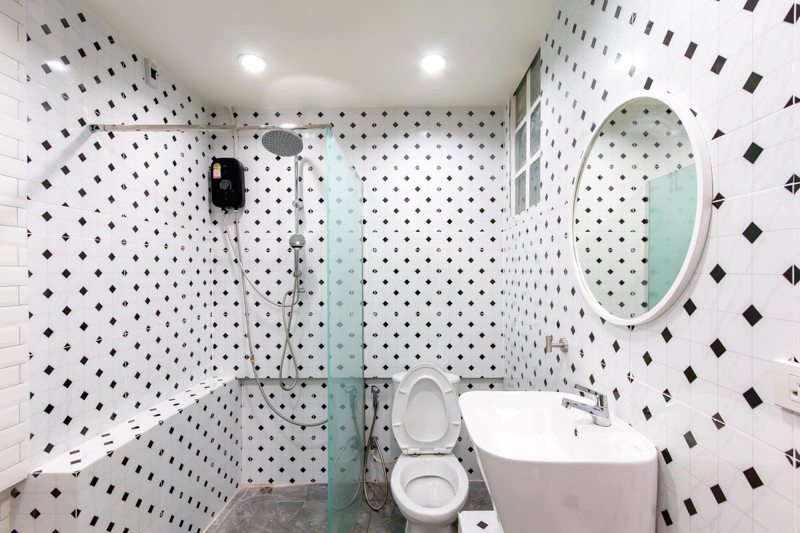 Patterned-tile bathroom at Haven House