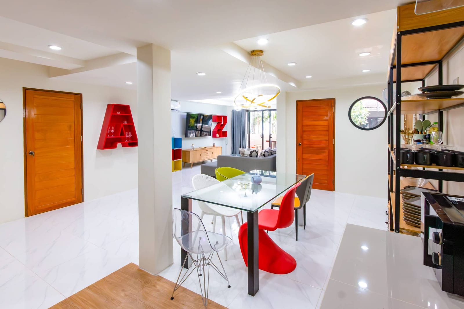Dining table beside the living space at Haven House