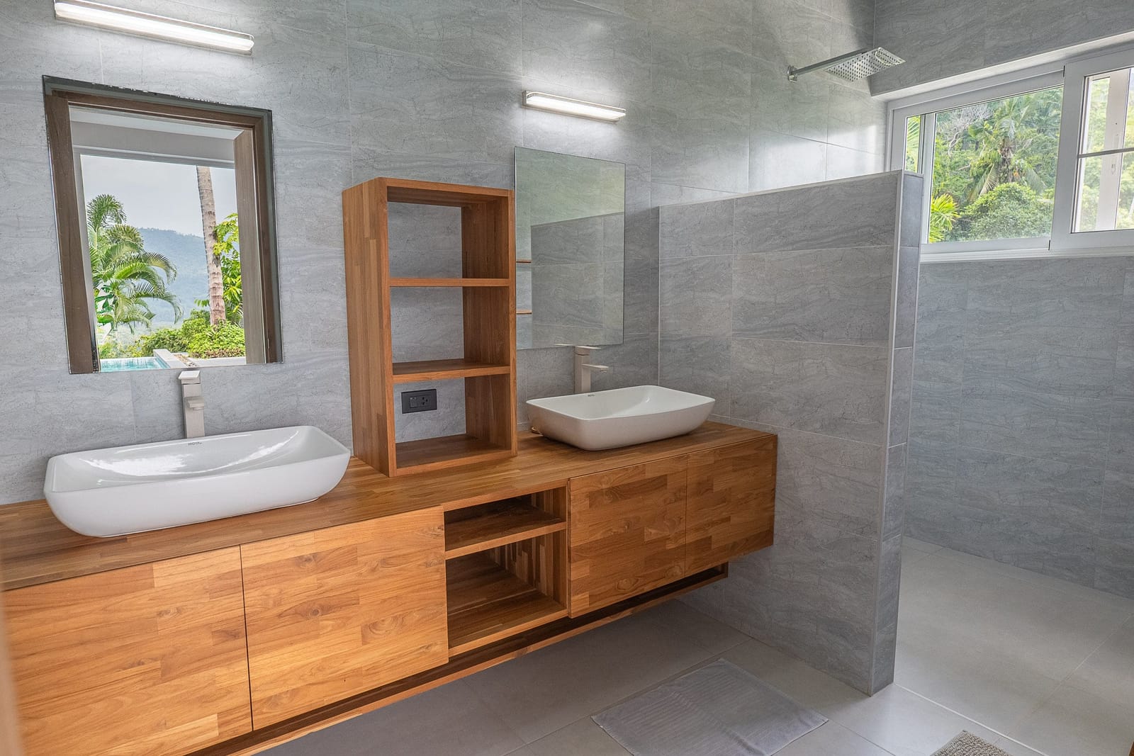Bathroom with timber vanity at Villa Passiflore